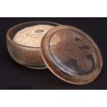 Lalique circular covered soap dish containing original Roger & Gallet soap, decorated with
