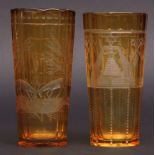 Two lemon tinted Bohemian glass beakers of angled tapering form, each etched with Masonic and