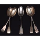 Mixed Lot: two pairs and one single Fiddle pattern table spoons, pairs initialled, combined weight