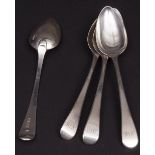 Four George III Old English pattern table spoons, initialled, length 8 7/8 ins, combined weight