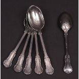 Six Edward VII double struck Princess No 1 pattern dessert spoons, crested, length 7 1/8 ins,