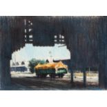IAN HOUSTON (BORN 1934, BRITISH) "Freight Yard - Delivering the Goods" coloured pencil, signed lower