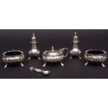 Composite five-piece cruet set comprising pair of cauldron salts, each chased with floral and