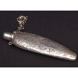 American silver perfume flask of shaped oval form with hinged cover and front panel depicting a
