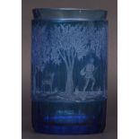 Early 20th century Bohemian blue glass oversized beaker of cylindrical form, etched with an all-over