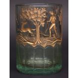 Oversized Bohemian glass beaker of cylindrical form, with the upper section engraved and gilded with