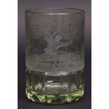 Early 20th century Bohemian glass beaker, the upper body etched with all-over scene of beaters