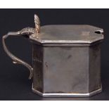 George V lidded mustard of rectangular form with canted corners, hinged cover with contemporary