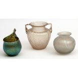 Collection of three various early 20th century glass vases, one decorated in iridescent green/purple