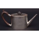 George III oval silver teapot with angular spout, treen handle and finial, having bright cut band of