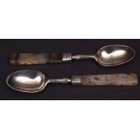 Two Victorian silver and agate handled dessert spoons, each with polished bowls and bladed stems