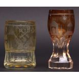 Footed amethyst tinted waisted glass beaker, engraved with crossed keys and various ecclesiastical