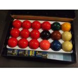 Boxed set of composite snooker balls together with assorted cue chalk