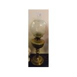 Victorian brass oil lamp, reeded column, fluted font, clear etched floral glass shade, 26ins tall