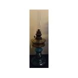 Victorian painted blue glass based oil lamp with amber glass font, painted decoration (no shade),