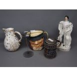 Stoneware pewter lidded tankard with raised relief, together with a smoked glass clear stemmed