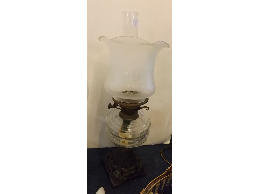 Square cast base oil lamp with etched glass shade