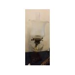Square cast base oil lamp with etched glass shade