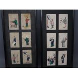 Pair of framed set of six rice-paper drawings of Oriental figures (a/f), 7 1/2 wide x 18ins long