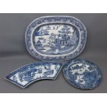 19th century blue and white willow pattern plate together with a further willow pattern hors d'