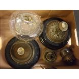 Box of assorted items including oil lamp parts, horn etc