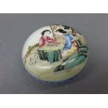 Oriental decorated and painted circular lidded jar, with painted scenes to top and printed mark to