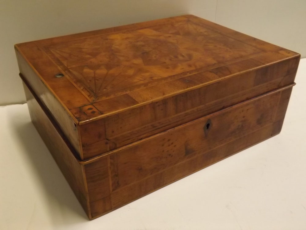 19th century specimen wood veneered storage box, the top with parquetry design of quadrant star etc,