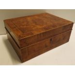 19th century specimen wood veneered storage box, the top with parquetry design of quadrant star etc,