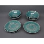 Set of 6 Studio pottery Barbara Cass turquoise bowls and saucers with a starburst design, dated