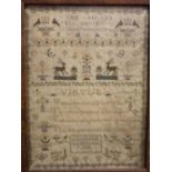 Lucy Hurrell, aged 12 years, 1832 - a silk work sampler on gauze with alphabets, numbers, deer and