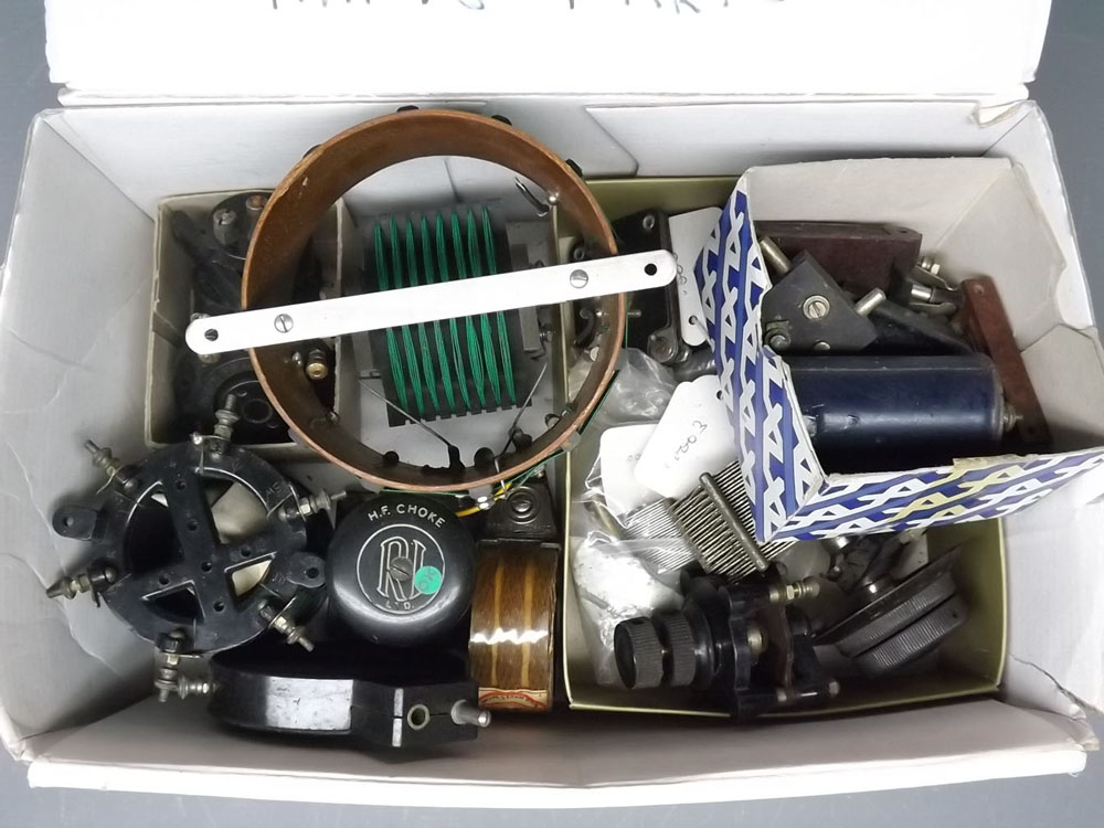 Box containing vintage 1920s/30s radio parts