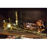 Group of assorted copper and brass wares including pair of tray based circular chamber candlesticks,