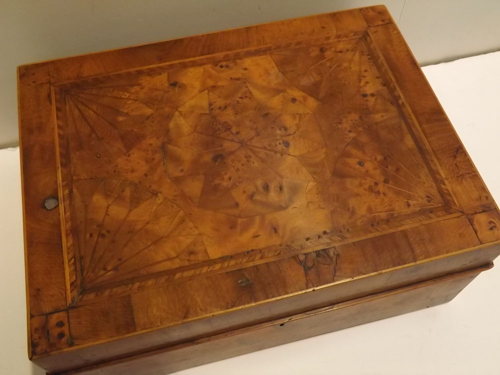 19th century specimen wood veneered storage box, the top with parquetry design of quadrant star etc, - Image 2 of 6