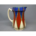 Clarice Cliff Bizarre jug with a red elongated diamond design, openwork handle, 8ins tall