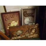 Group of three reproduction wooden wall plaques relating to bread, tea and cocoa, various small