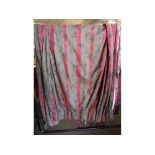 Large pair of curtains with green and maroon vertical stripes with rose decoration, each approx