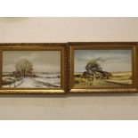 Arthur A Pank, signed pair of oils on board, Winter and Summer landscape, 6 x 9 1/2 ins (2)