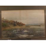 L H Dawkins, signed watercolour, Coastal view with town, 12 x 18 1/2 ins