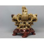 20th century Chinese carved soapstone model with central openwork basket, flanked by temple dogs,
