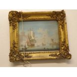 19th century oil on panel, Shipping off a coast, 7 x 9ins, bears inscription verso by W Havell, RWS