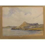 Circle of William Russell Flint, watercolour, Scottish lakeland scene with ruined castle, 14 x