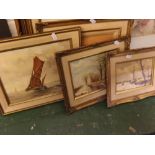 Arthur A Pank, signed group of six oils on board, Harvesting, Winter landscapes and Broadland views,