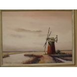 Arthur A Pank, signed oil on board, Broadland landscape with mill, 12 x 16ins