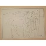 Derek Inwood, signed pen and ink drawing, "Chiron instructing a pupil", 11 x 15 1/2 ins