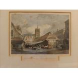 After D Hodgson, engraved by L Haghe, hand coloured engraving, The Fish Market, Norwich, 7 x 10ins