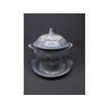 Large 19th century blue and white two-handled and lidded tureen and stand, (a/f) 14ins diam x