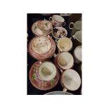 Group of 19th century pink lustre tea cups and saucers together with a Gaudy ware cup and saucer etc