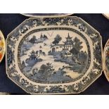 19th century Nanking blue and white platter with decorative Oriental scenes (with rim chip), 16ins