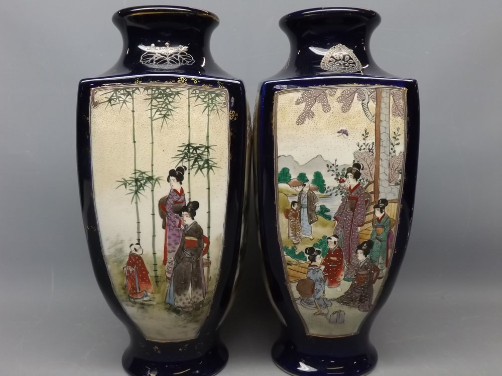 Pair of Satsuma square formed vases with decorative painted figure panel, with blue ground vase,