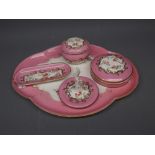 19th century part dressing table set with puce ground, gilded and floral decoration to include a